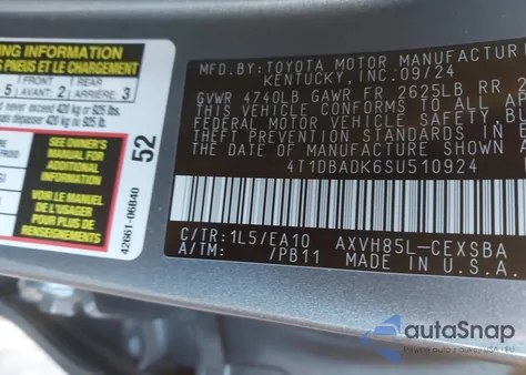 2025 Toyota Camry Se from USA, damaged, VIN 4T1DBADK6SU510924